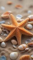 starfish and shells in the sea salts on a sand background. photo