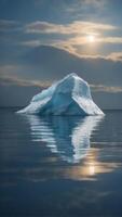 iceberg concept with an iceberg floating in the ocean with half above and below water and other part under surface as symbol of hidden danger or future business financial threat. photo