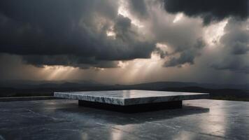 Marble platform serenely floating amid a tumultuous cloudy sky during a dramatic thunderstorm with dark clouds and lightning illuminating the intense moody scene. photo