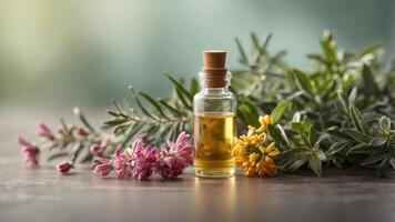 Herbal ingredients with essential oil bottle. photo