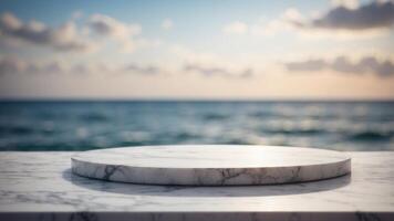 white marble podium with ocean sky background created with technology. photo