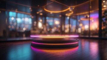 Modern interior with colorful neon lights and circular platform. photo
