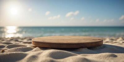 A tranquil beach features a circular wooden platform surrounded by pristine white sand and a vast ocean under a bright blue sky. photo