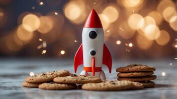 Toy rocket launching from a creamy surface with coffee and cookies in the background. photo