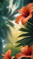 Tropical background with hibiscus and palm leaves. photo