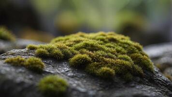 Mesmerizing Macro Showcase of Lush Moss Covering Weathered Rock Surface. photo