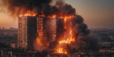Devastating Fire Engulfs Residential Tower Block with Billowing Smoke and Intense Flames. photo