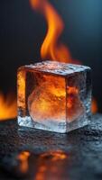ice and fire two ice cubes one of them burning. photo