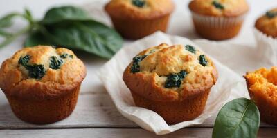 Healthy muffins with spinach sweet potatoes cheese on white wooden background copy space Top view. photo