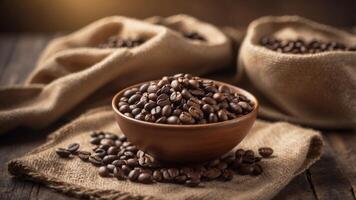 Bowl of coffee beans on rustic table with burlap sacks. photo