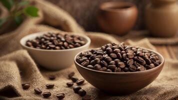 Bowl of coffee beans on rustic table with burlap sacks. photo