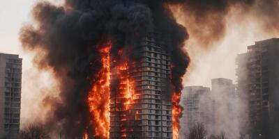 Devastating Fire Engulfs Residential Tower Block with Billowing Smoke and Intense Flames. photo