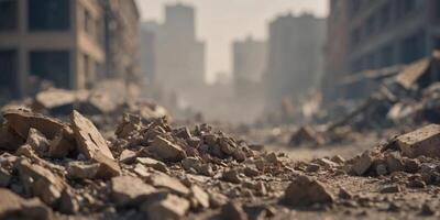 Devastated urban cityscape covered in dust and rubble after a massive destruction event. photo