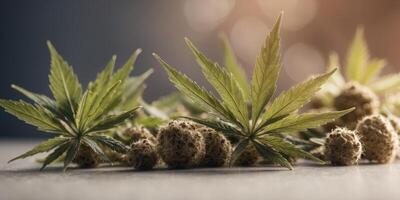 Various cannabis leaves arranged on a neutral background in natural light. photo