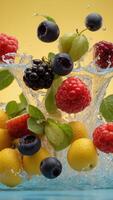 Mixed berries and fruits splashing with water on yellow background. photo