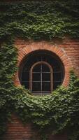 Brick wall with circular window covered by green ivy vines. photo