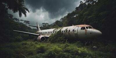 Crashed Passenger Plane Abandoned in Lush Jungle Overgrowth with Ominous Clouds Overhead. photo