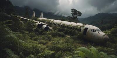 Crashed Passenger Plane Abandoned in Lush Jungle Overgrowth with Ominous Clouds Overhead. photo