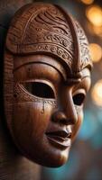 Mystic Mask Beautiful Wooden Art with Soft Illumination and Blurred Background. photo