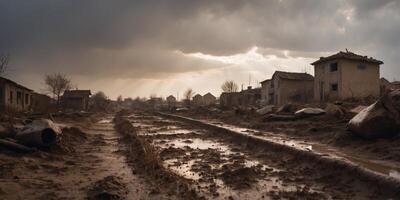 Muddy Aftermath of a Storm in a Damaged Village. photo