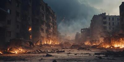 Devastation Unleashed Artistic Depiction of War Torn Buildings in Chaos. photo