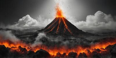Volcanic eruption flat design top view disaster theme animation black and white. photo