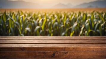 Frontal view of an empty wooden brown table top with blur background of corn field. photo