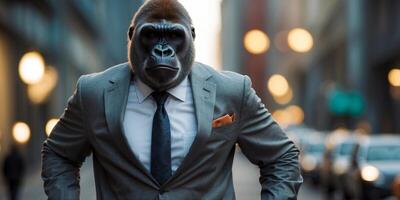 Gorilla in a business suit walking confidently in a modern city. photo