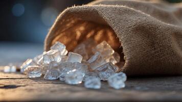 Raw ice spilling out of a burlap canvas sack. photo