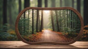A mirror reflecting the beauty of a forest on a wooden floor. photo