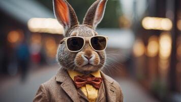 Rabbit dressed in stylish clothes with sunglasses. photo