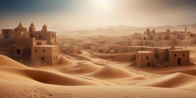 Sandstorm Engulfing an Ancient Desert Town Swirling Sand and Blurred Horizons. photo