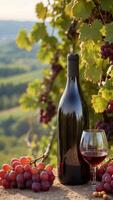 Wine and grapes overlooking the vineyard. photo