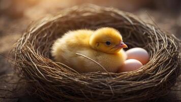 A Newborn Chick in a Nest with a Cracked Egg. photo