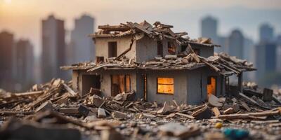 A damaged building with debris and rubble piled high on the rooftop. photo