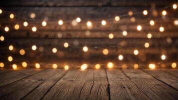 Rustic Wooden Background with String Lights. photo