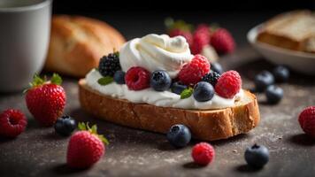 A pieces of bread topped with berries and whipped cream. photo
