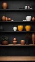 Empty black background and stand display or shelf with studio for showing or design idea. photo