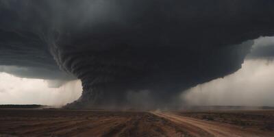 Raging tornado at the with in a dry dirt field with black clouds. photo
