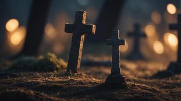 Eerie Cross in Moonlit Graveyard Casting Mysterious Shadows. photo