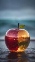 a glass apple with a stormy sea inside creating a double exposure effect. photo