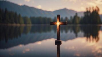 Serene Lake Reflection of a Religious Cross Symbolizing Calm and Contemplation. photo