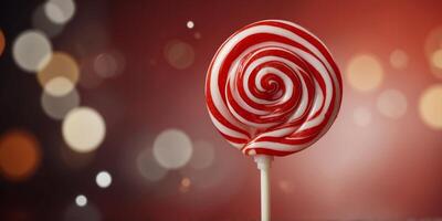 Red and White Swirled Lollipop on Red Background with Copy Space. photo
