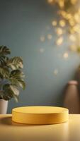 Empty pedestal display on yellow background with stand for product show or presentation. photo