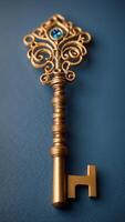 A golden key with a filigree on a blue background. photo