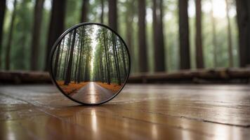 A mirror reflecting the beauty of a forest on a wooden floor. photo