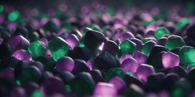 A futuristic background of glowing green and purple shapes floating in space. photo