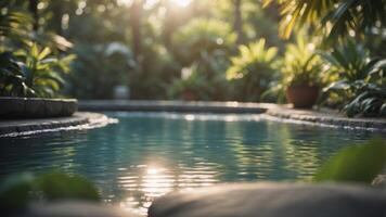Serene Morning Swim in a Peaceful Tropical Pool with Gentle Ripples and Lush Foliage. photo
