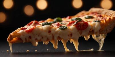 a flying slice of four cheeses pizza with stretching cheese on a black background. photo