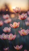 A floating garden of glowing flowers, their petals pulsing with soft light against a twilight sky. photo